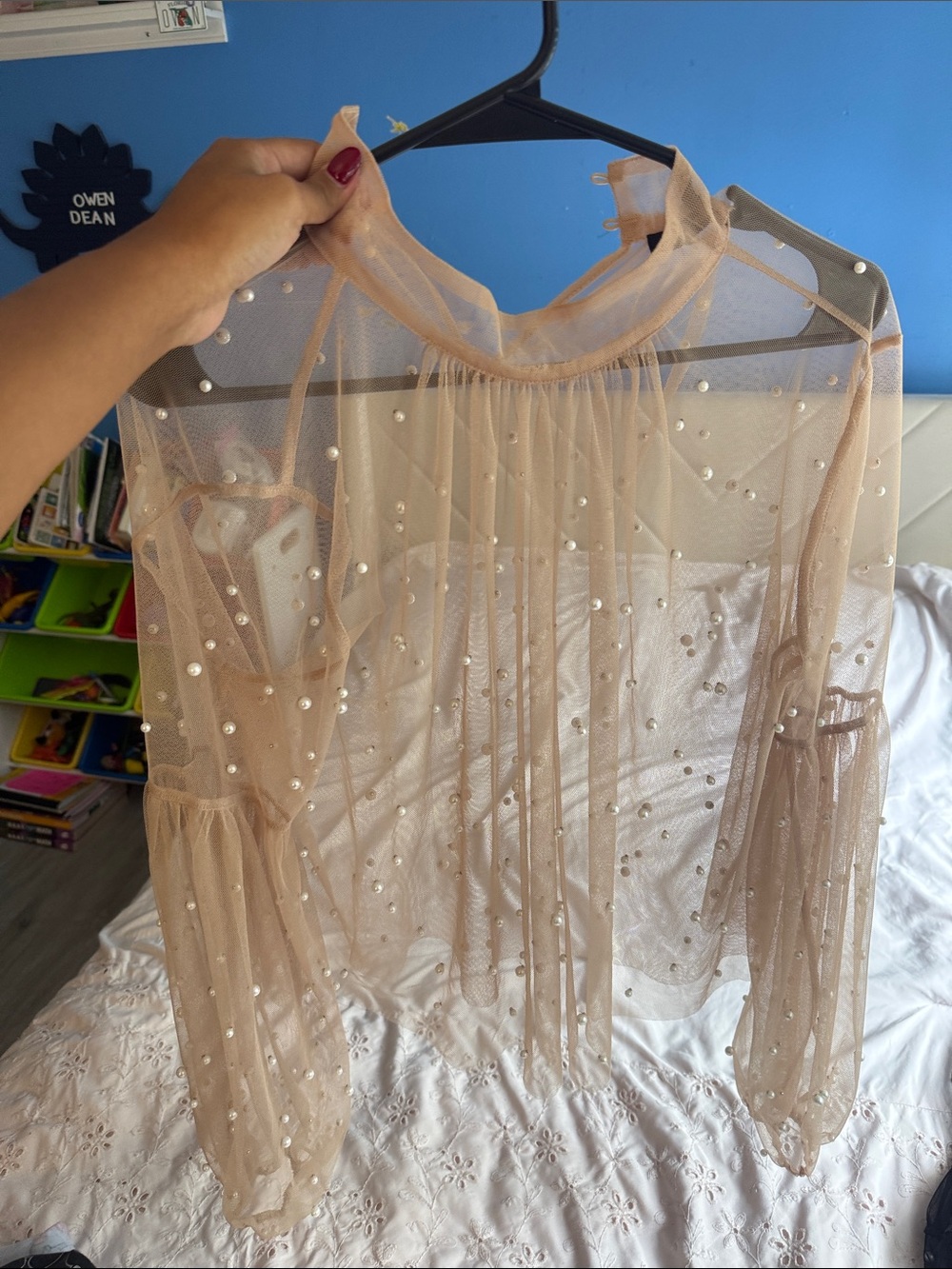 See through long sleeve pearl shirt